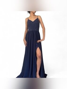 Navy Blue Spaghetti Strap Prom Dress W Sequins by City Triangles